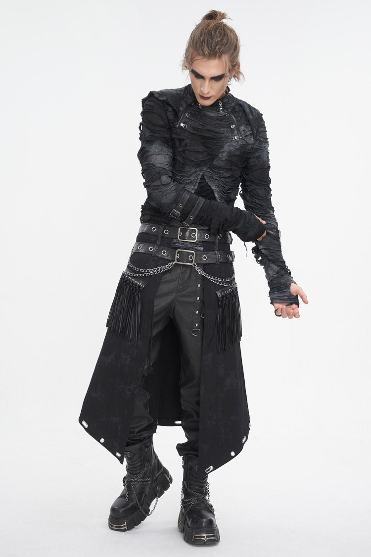 Black High Collar Long Sleeves Print Ripped Men's Punk Hoodies T-Shirt - Product - 2