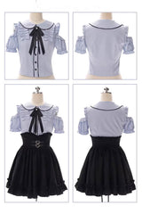 Black/Blue Off Shoulder Short Sleeves Ruffle Bowknot Sweet Jirai Kei Japanese Set - Product - 6