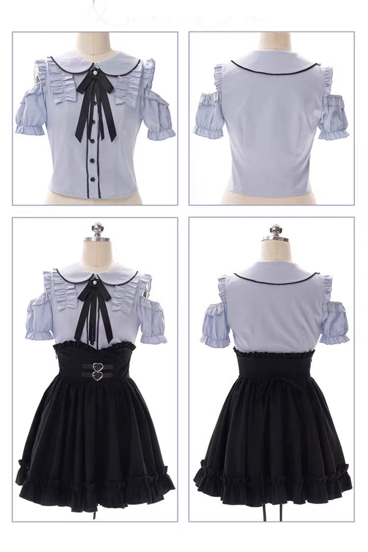 Black/Blue Off Shoulder Short Sleeves Ruffle Bowknot Sweet Jirai Kei Japanese Set - Product - 6