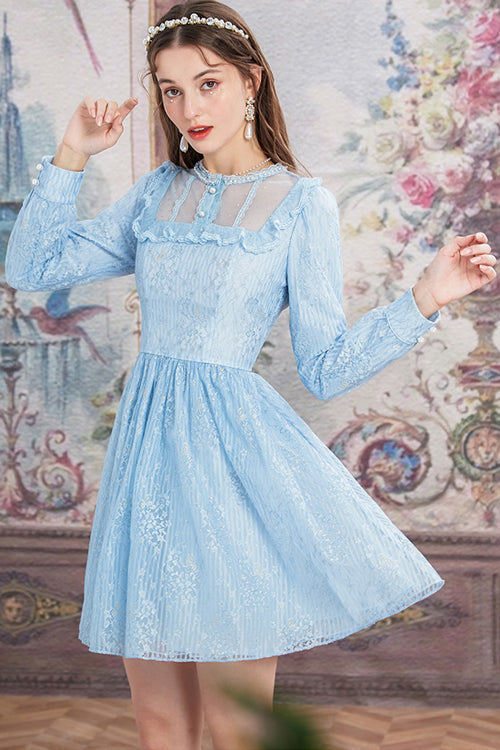 Blue Vintage Lace Round Collar Long Sleeves Sweet Lolita OP Dress - Product - 3