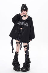 Black Long Sleeves Print Zipper Gothic Loose Jirai Kei Coat - Product - 4