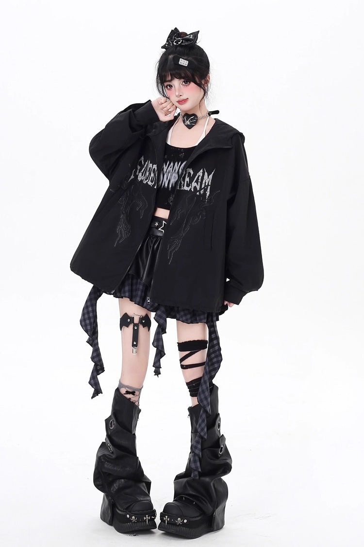 Black Long Sleeves Print Zipper Gothic Loose Jirai Kei Coat - Product - 4