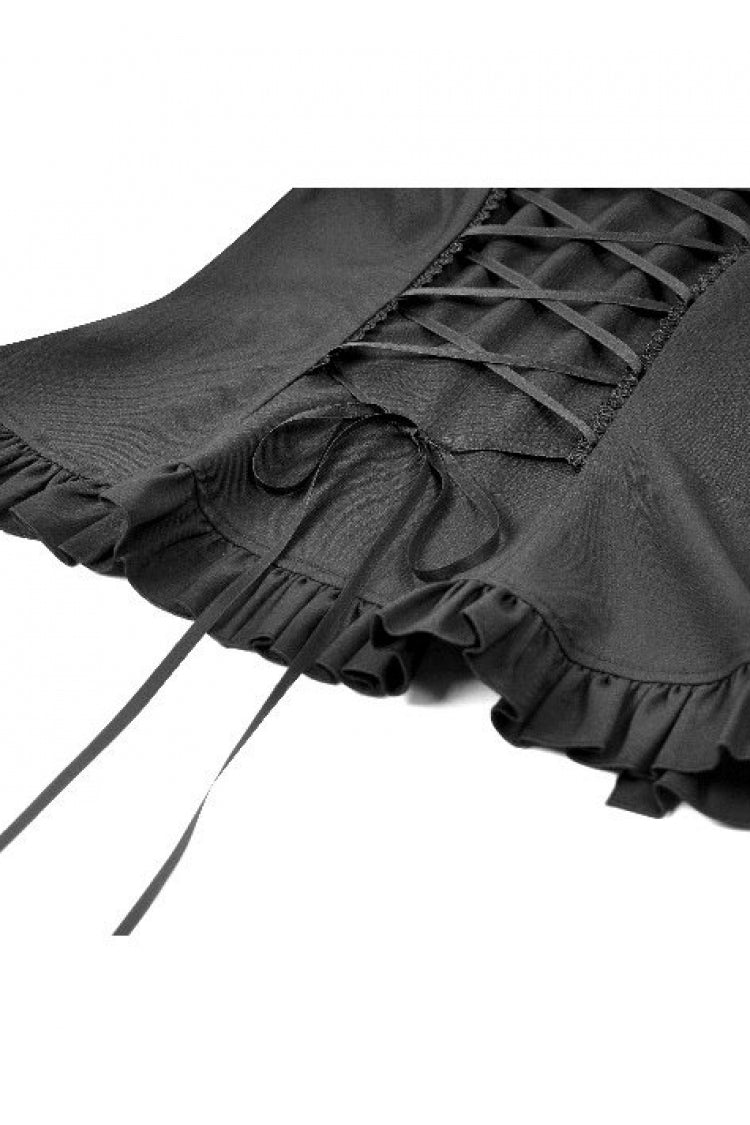Black Mandarin Collar Cold‑Shoulder Puff Sleeves Ruffled Cut-Out Lace-Up Women's Gothic Blouse - Product - 16