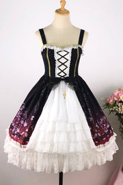 Black/Red Sleeveless Gradient Print Ruffle Cardigan Bowknot Lace-Up Sweet Elegant (Dress Only) front view