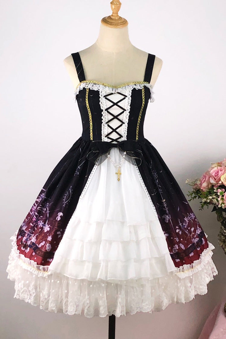 Black/Red Sleeveless Gradient Print Ruffle Cardigan Bowknot Lace-Up Sweet Elegant Lolita Jsk Dress - Black/Red - 1