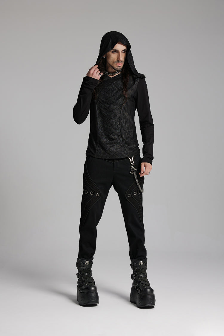 Black V Collar Long Sleeves Hooded Overlaping Mesh Men's Punk T-Shirt - Product - 4