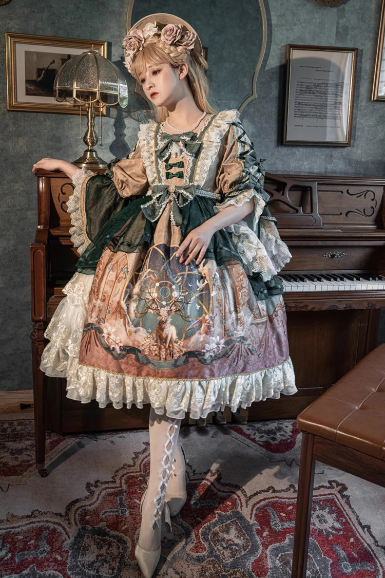 Green Gorgeous Short Sleeves Ruffle Bowknot Print Classic Lolita Dress - Product - 2