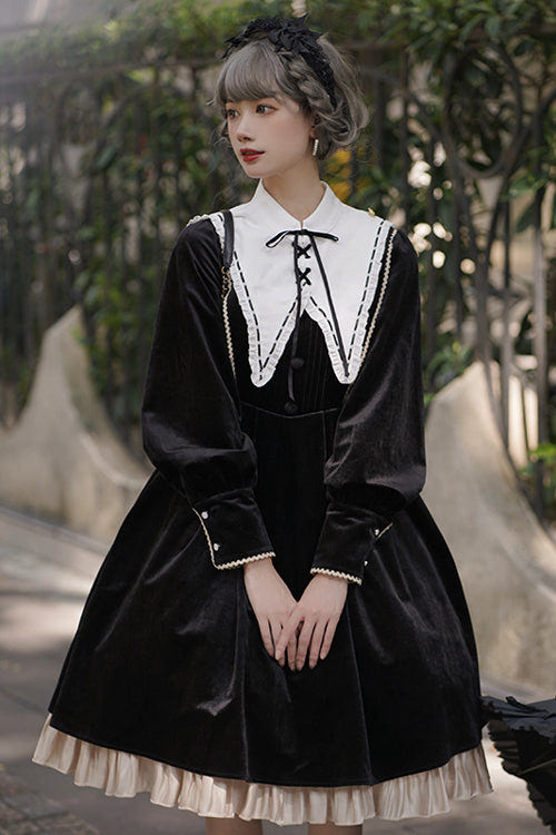 Black Velvet Fake Collar High Waist Classic Lolita OP Dress - Product - 4