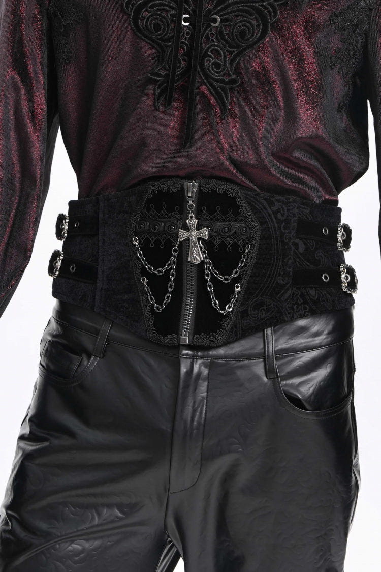 Black Lace-Up Slim Buckled Pearl-Decorated Men's Gothic Palace Accessory Cross Chain Girdle - Product - 7