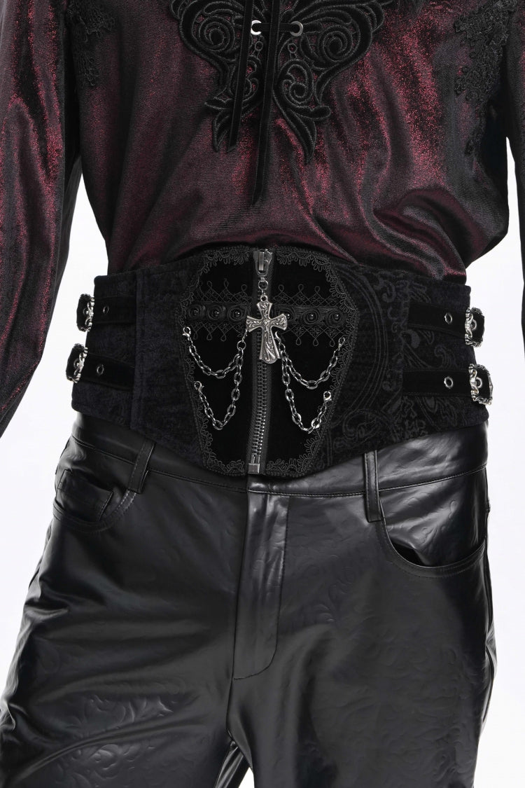 Black Lace-Up Slim Buckled Pearl-Decorated Men's Gothic Palace Accessory Cross Chain Girdle - Product - 7