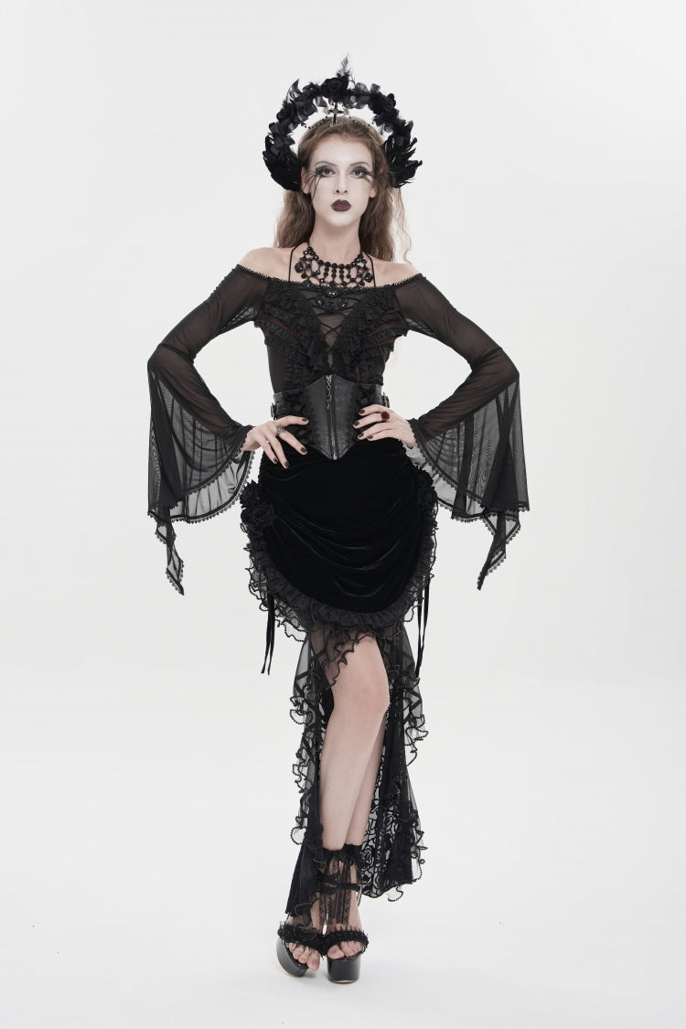 Black Embroidered Rose Lace-up Irregular Women's Gothic Hem Skirt - Product - 5