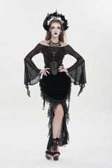 Black Embroidered Rose Lace-up Irregular Women's Gothic Hem Skirt - Product - 5