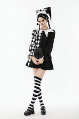 Black/White Harlequin Collar Diamond Pattern Color-Blocked Long Puff Flare Sleeves Women's Gothic Blouse - Product - 7