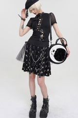 Black Punk Short Sleeve Irregular Drawstring Bright Leather Neckline Mesh Cuffs Women's T-Shirt - Product - 3
