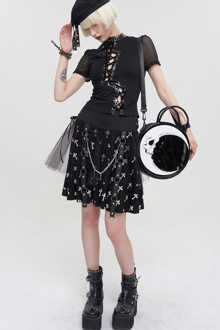 Black Punk Short Sleeve Irregular Drawstring Bright Leather Neckline Mesh Cuffs Women's T-Shirt - Product - 3