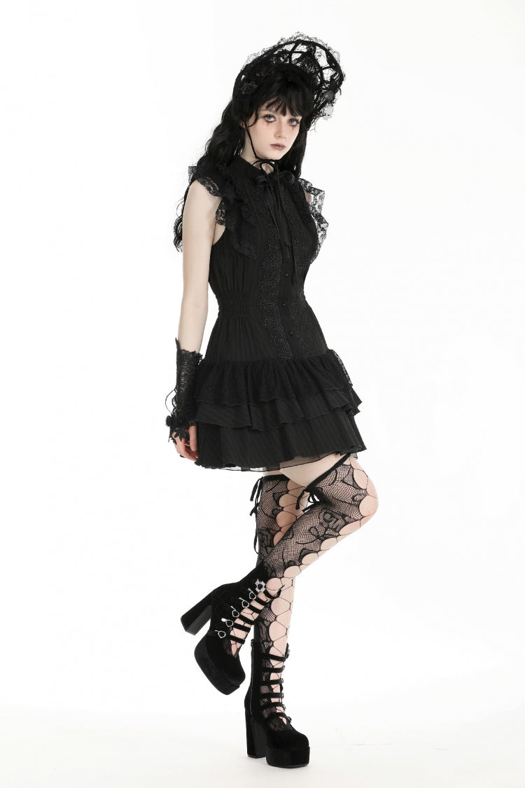 Black Lace Ruffled Stand Collar Bow Sleeveless Triple-Layered Hem Women's Gothic Dress - Product - 9