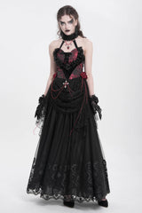 Red Halterneck Sleeveless Embroidery Stitching Rose Heart Lace Women's Gothic Blouse - Product - 9