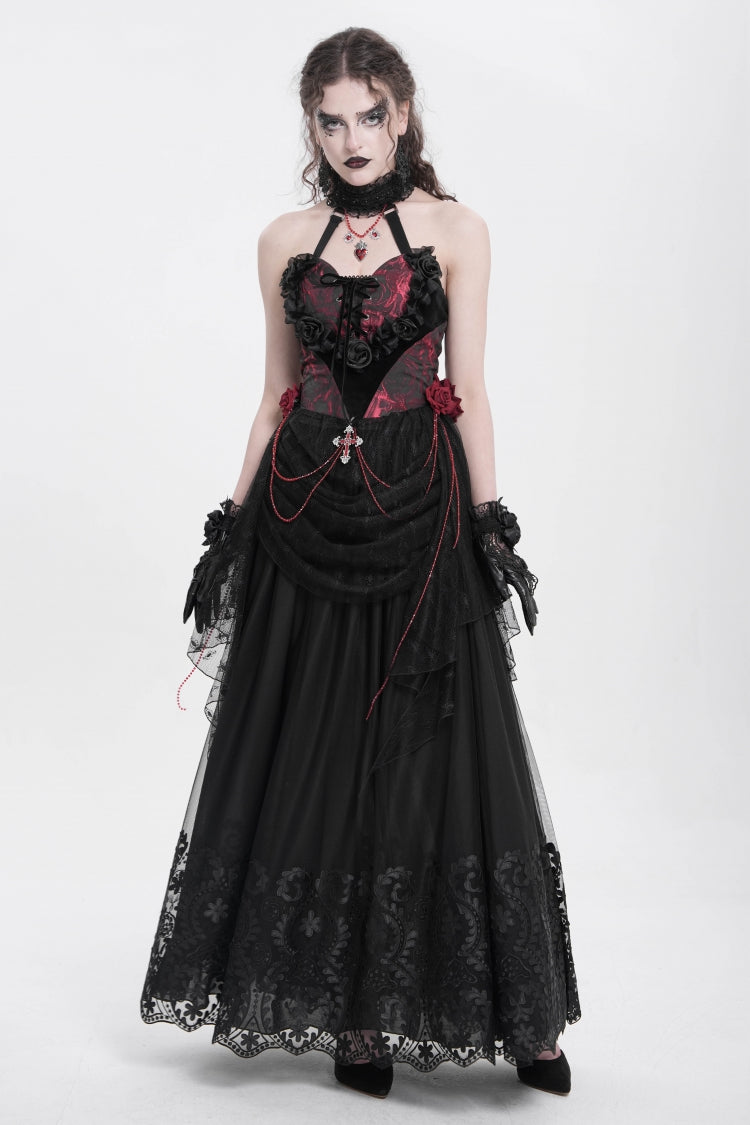 Red Halterneck Sleeveless Embroidery Stitching Rose Heart Lace Women's Gothic Blouse - Product - 9
