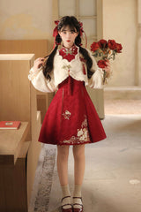 Red/White Stand Collar Long Sleeves High Waisted Embroidery Women's Sweet Chinese Style Hanfu Dress Two-piece Set - Product - 2