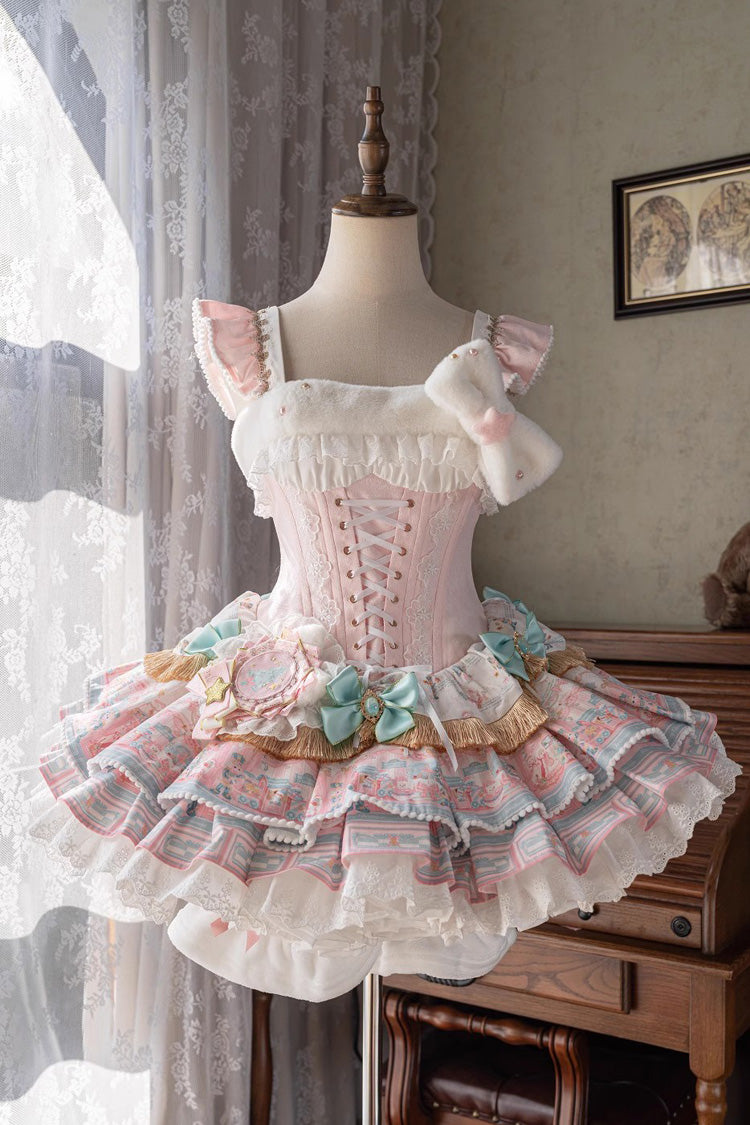 Pink [Candy House] Multi-Layered Print Ruffle Bowknot Lace-Up Sweet Ballet Lolita Jsk Dress - Pink - 1