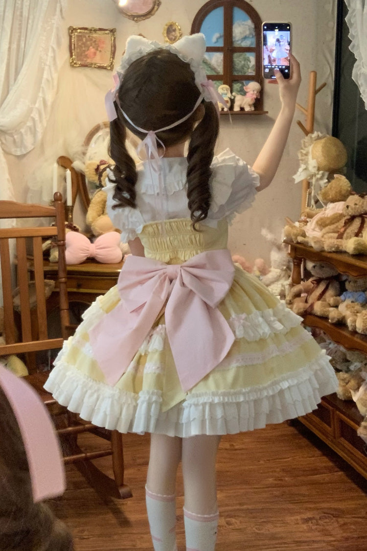 Yellow [Meowling Sweet Maid] Sleeveless Multi-Layered Ruffle Bowknot Lace Sweet Princess Lolita Jsk Dress - Product - 7