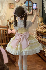 Yellow [Meowling Sweet Maid] Sleeveless Multi-Layered Ruffle Bowknot Lace Sweet Princess Lolita Jsk Dress - Product - 7