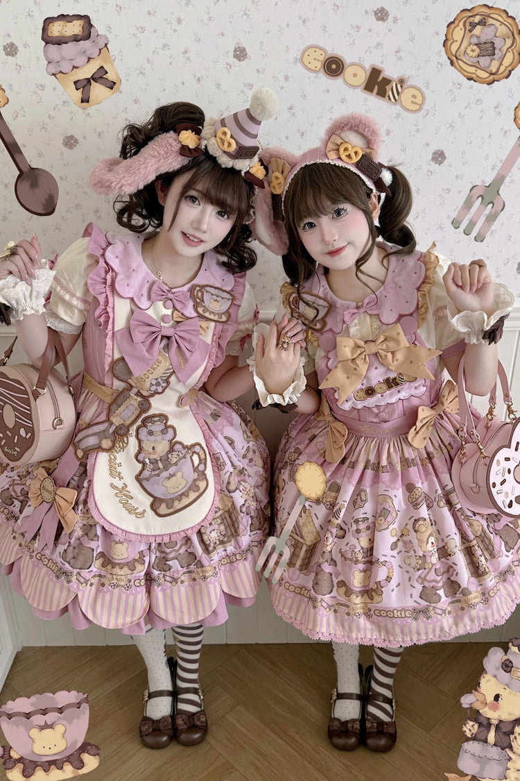 Pink [Teddy Bear Cookie] Strawberry Cream Puff Dessert Printed Bow Plus Size Sweet Lolita Dress Set 3 Versions - Product - 8