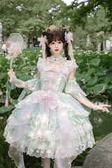 Green [Spring Waters Reflecting Pear Blossoms] Ruffled Embroidered Open-Front Bow Lace Sweet Lolita Jsk Dress - Product - 12