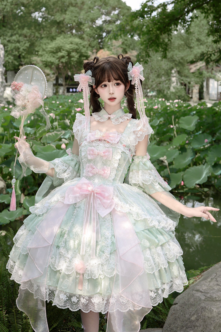 Green [Spring Waters Reflecting Pear Blossoms] Ruffled Embroidered Open-Front Bow Lace Sweet Lolita Jsk Dress - Product - 12