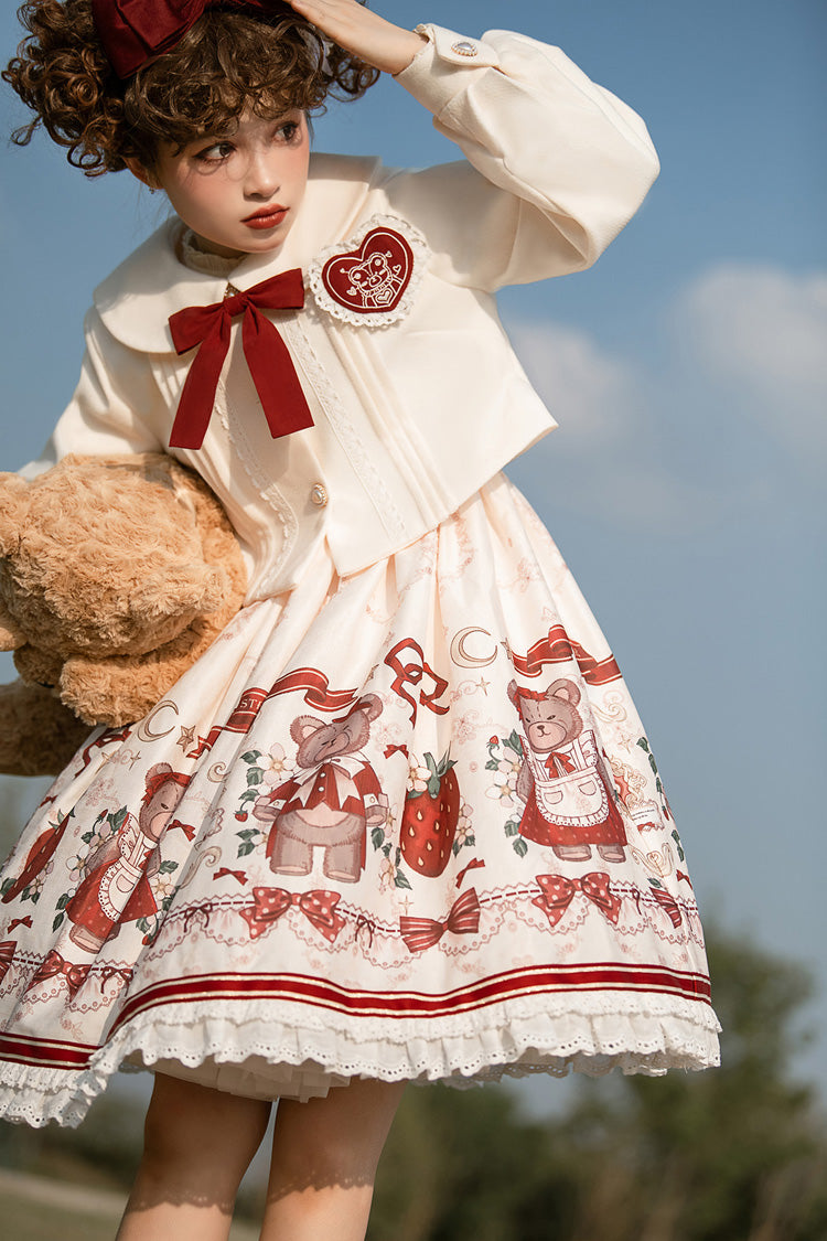 Ivory/Red Strawberry Bear Print Ruffle Bowknot Sweet Princess Lolita Jsk Dress - Product - 10