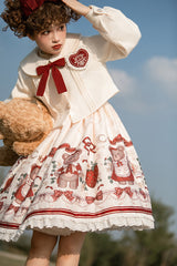 Ivory/Red Strawberry Bear Print Ruffle Bowknot Sweet Princess Lolita Jsk Dress - Product - 10