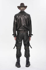 Brown Lapel Collar Long Sleeves Asymmetric Studded Zippered Pleated Eyelet Men's Punk Jacket - Product - 7