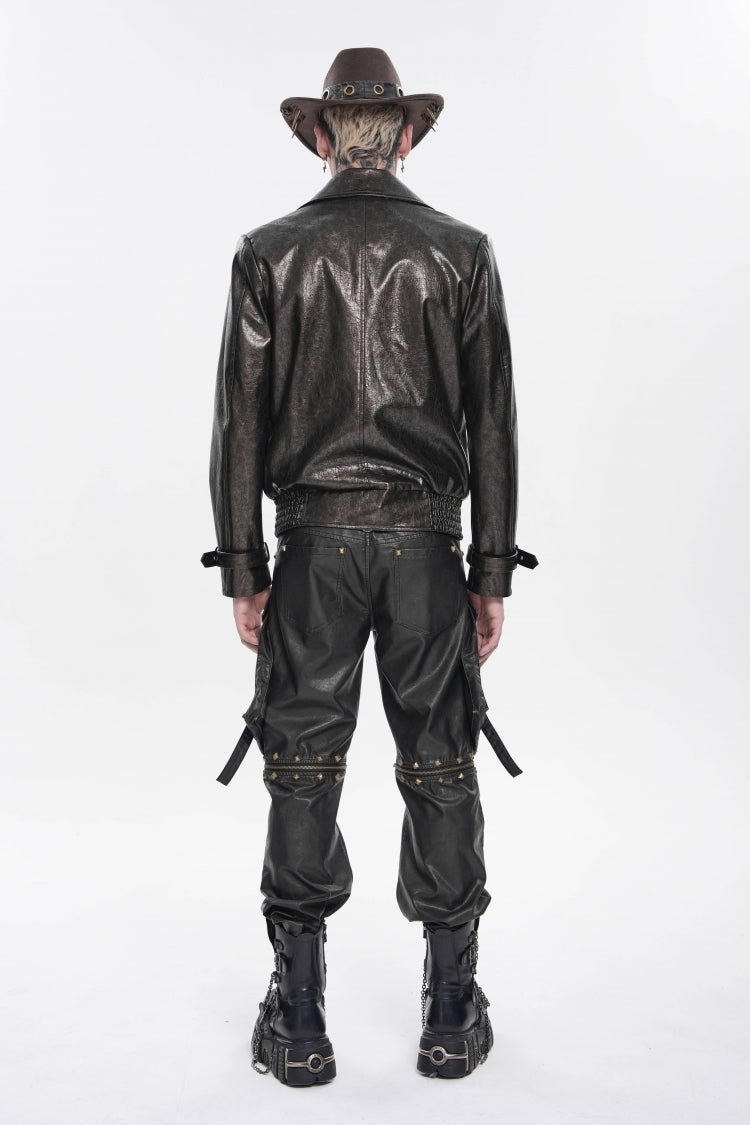 Brown Lapel Collar Long Sleeves Asymmetric Studded Zippered Pleated Eyelet Men's Punk Jacket - Product - 7
