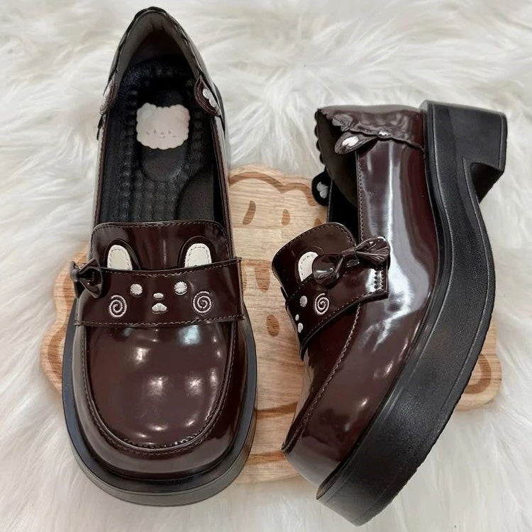 Preppy Style Square-Toe JK Lolita Leather Shoes with Raccoon Print 2 Colors - Coffee-Brown - 1