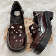 Preppy Style Square-Toe JK Lolita Leather Shoes with Raccoon Print 2 Colors - Coffee-Brown - 1