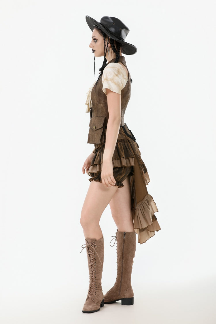 Brown Point Lapel Collar Sleeveless Women's Steampunk Utility Vest with Cargo Pockets - Product - 10