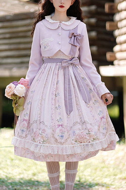Purple Flower Wall Print High Waist Sweet Lolita JSK Dress - Purple - 1