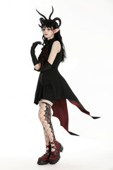 Black/Red Contrast Color Women's Gothic Ruffled Stand Collar Jabot Sleeveless Halloween Tail Dress - Product - 2