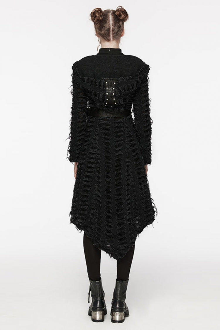 Black Irregular Hooded Women's Punk Long Coat - Product - 4