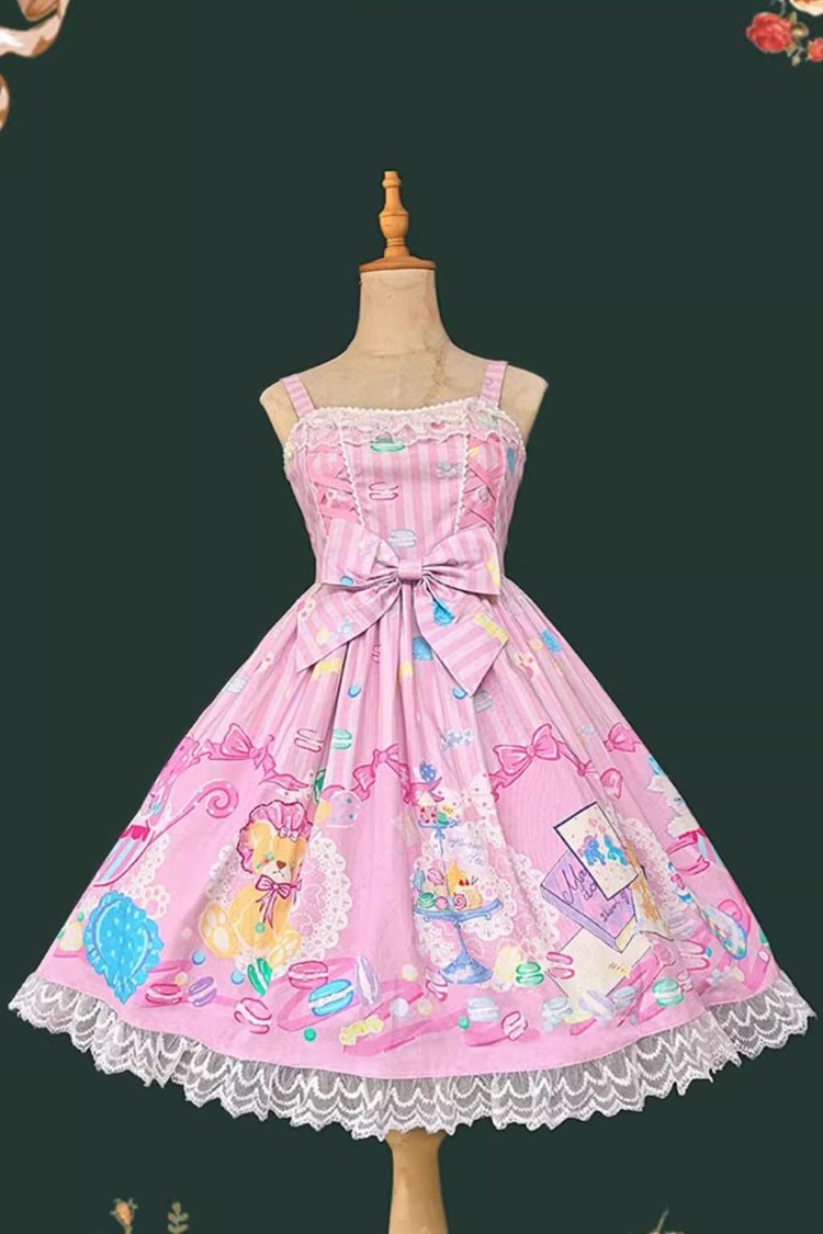 [Macaron Dolly House] Sleeveless Print Bowknot Lace-Up Sweet Lolita Jsk Dress 3 Colors - Pink - 10