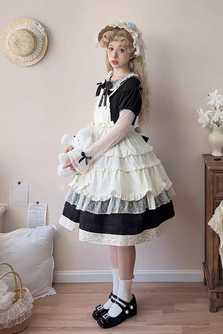 Black [Mist over Flowers Along the Path] Lapel Collar Long Sleeves Embroidery Bowknot Lace Sweet Lolita Dress - Product - 4