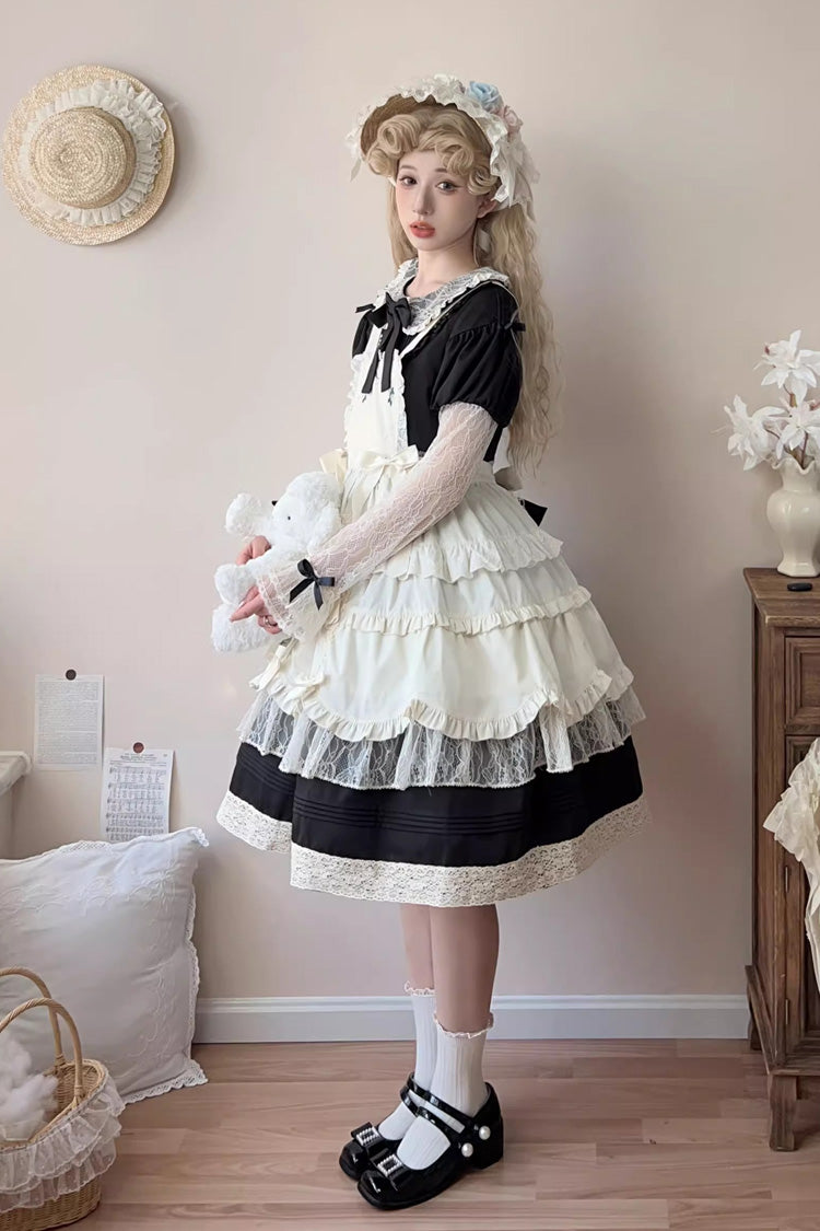 Black [Mist over Flowers Along the Path] Lapel Collar Long Sleeves Embroidery Bowknot Lace Sweet Lolita Dress - Product - 4