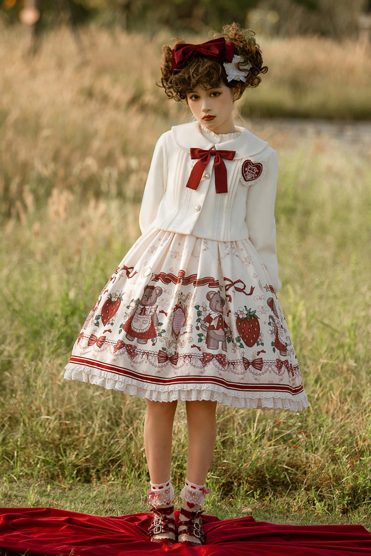 Ivory/Red Strawberry Bear Print Ruffle Bowknot Sweet Princess Lolita Jsk Dress - Product - 5