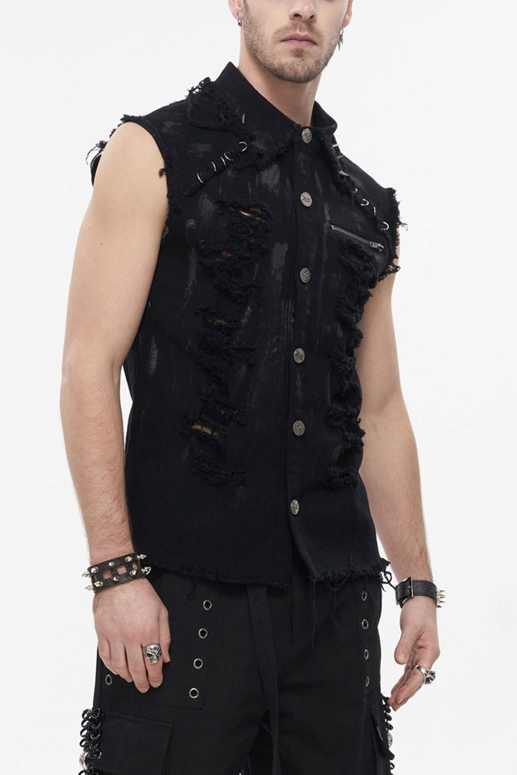 Black Punk Standing Collar Irregular Hand-Painted Sleeveless Metal Decoration Tattered Men's Shirt - Product - 2