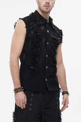 Black Punk Standing Collar Irregular Hand-Painted Sleeveless Metal Decoration Tattered Men's Shirt - Product - 2