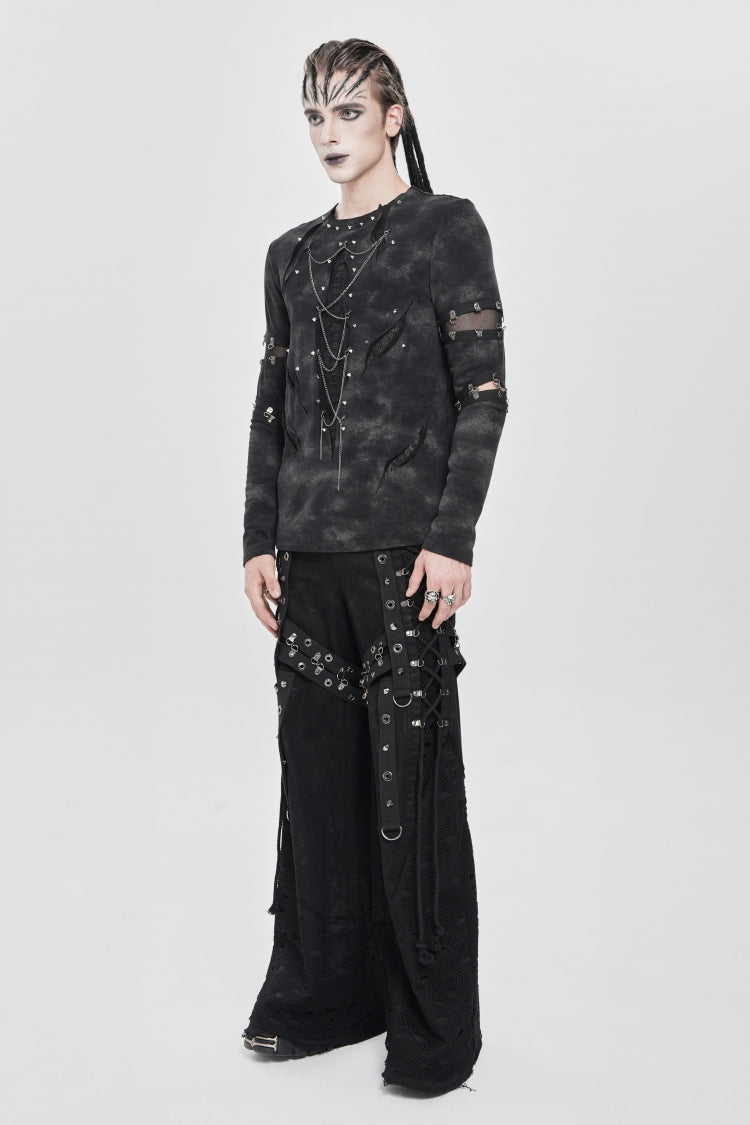 Black Long Sleeves Cutout Rivets Chain Men's Punk Blouse - Product - 6
