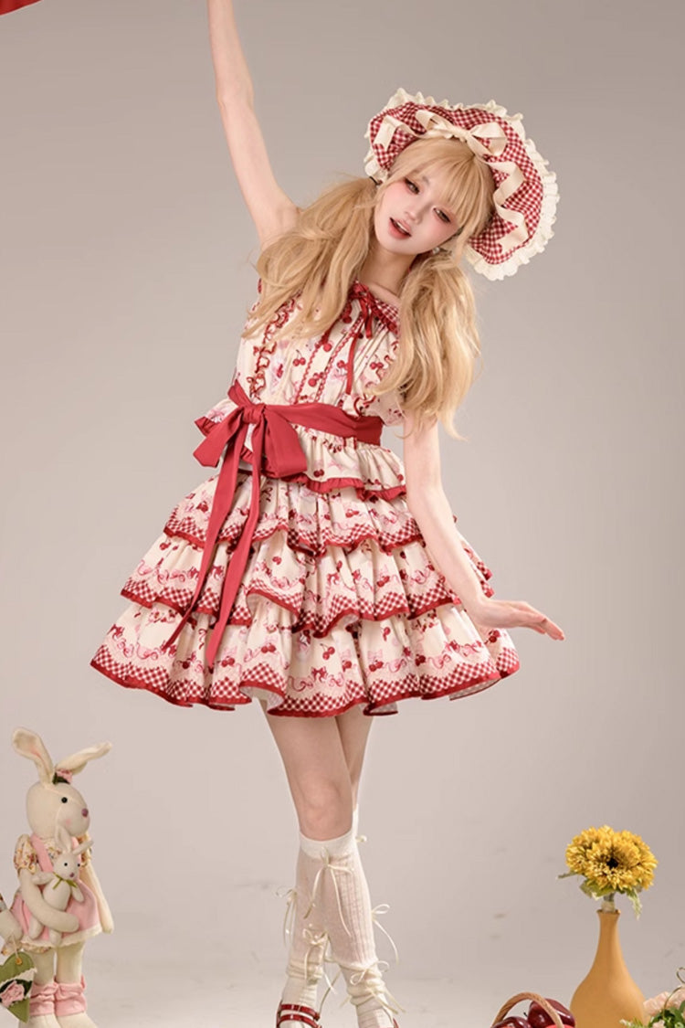 Red Triple-Layered [Cherries Are Ripe] Print Ruffle Sweet Lolita Skirt Set - Product - 2