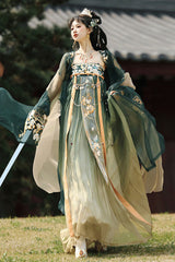 Green [Cloud Brocade And Spring Splendor] High Waisted Embroidered Women's Classic Luxurious Hanfu Dress Set - Product - 3