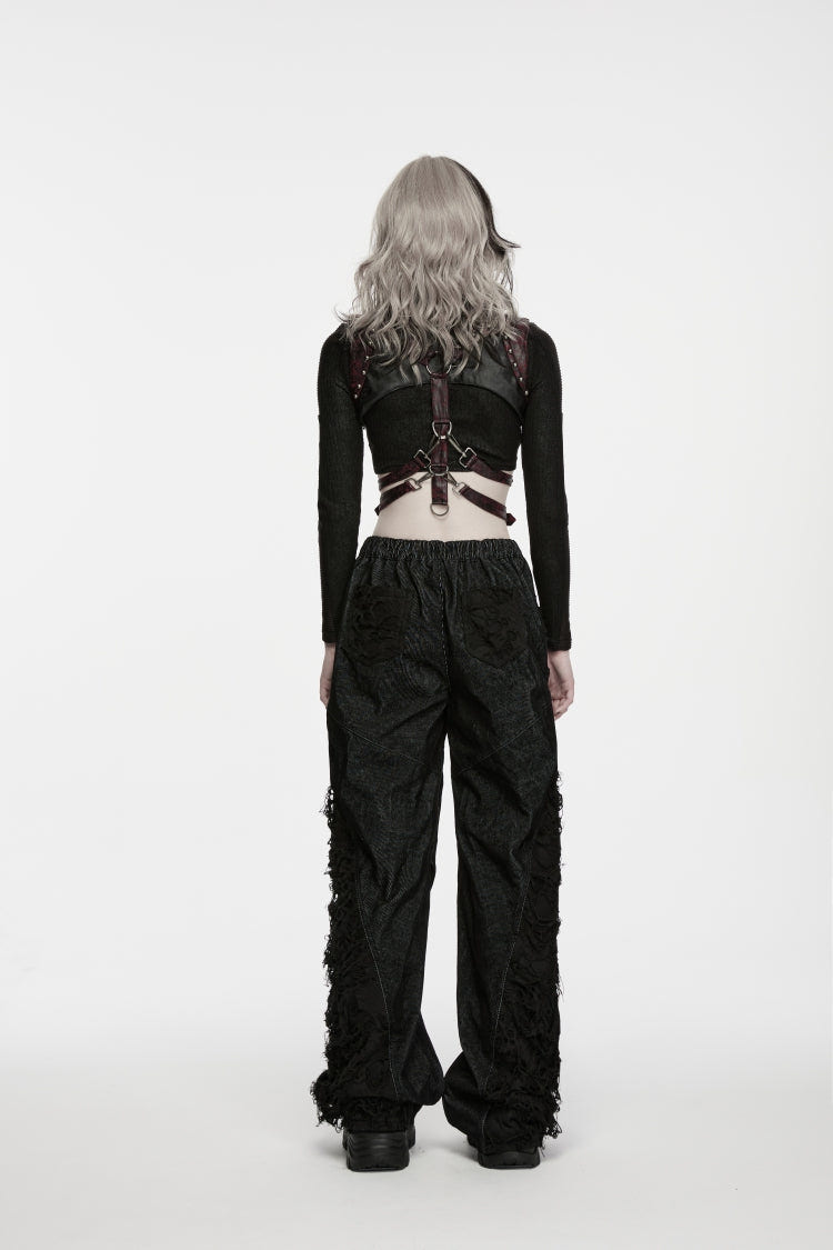 Black Patchwork Ripped Pleated Women's Punk Wide Leg Pants - Product - 2