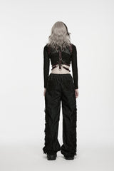 Black Patchwork Ripped Pleated Women's Punk Wide Leg Pants - Product - 2